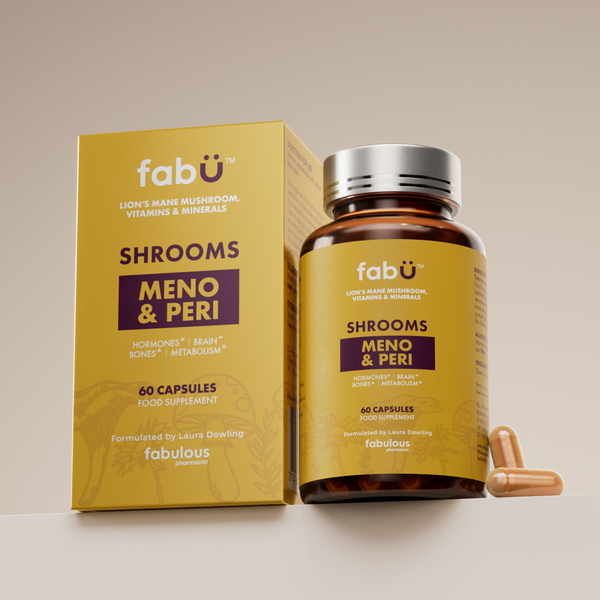fabU SHROOMS MENO AND PERI box and bottle, 60 capsules
