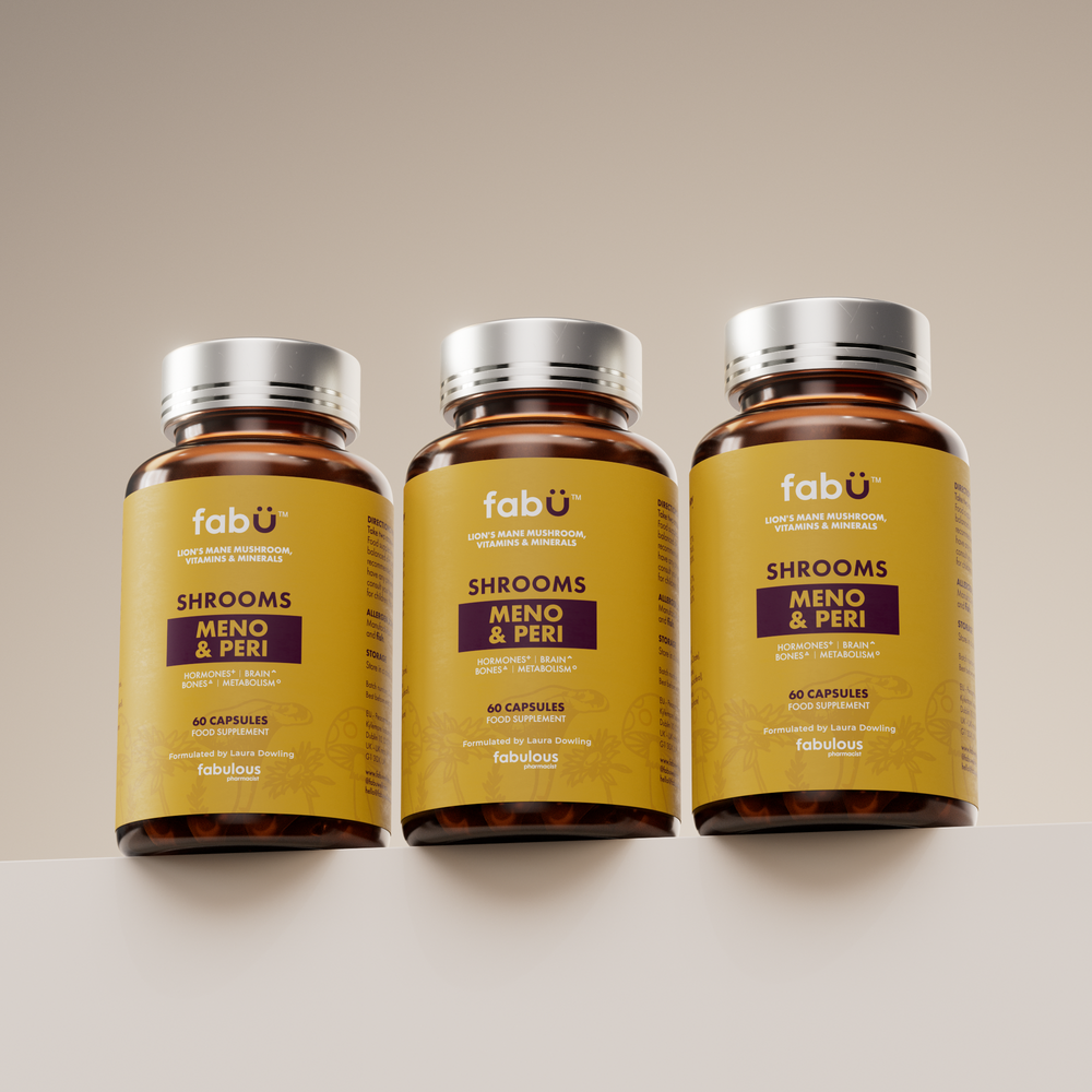 Three bottles of fabÜ SHROOMS MENO & PERI — Buy 2, Get 1 Free October bundle