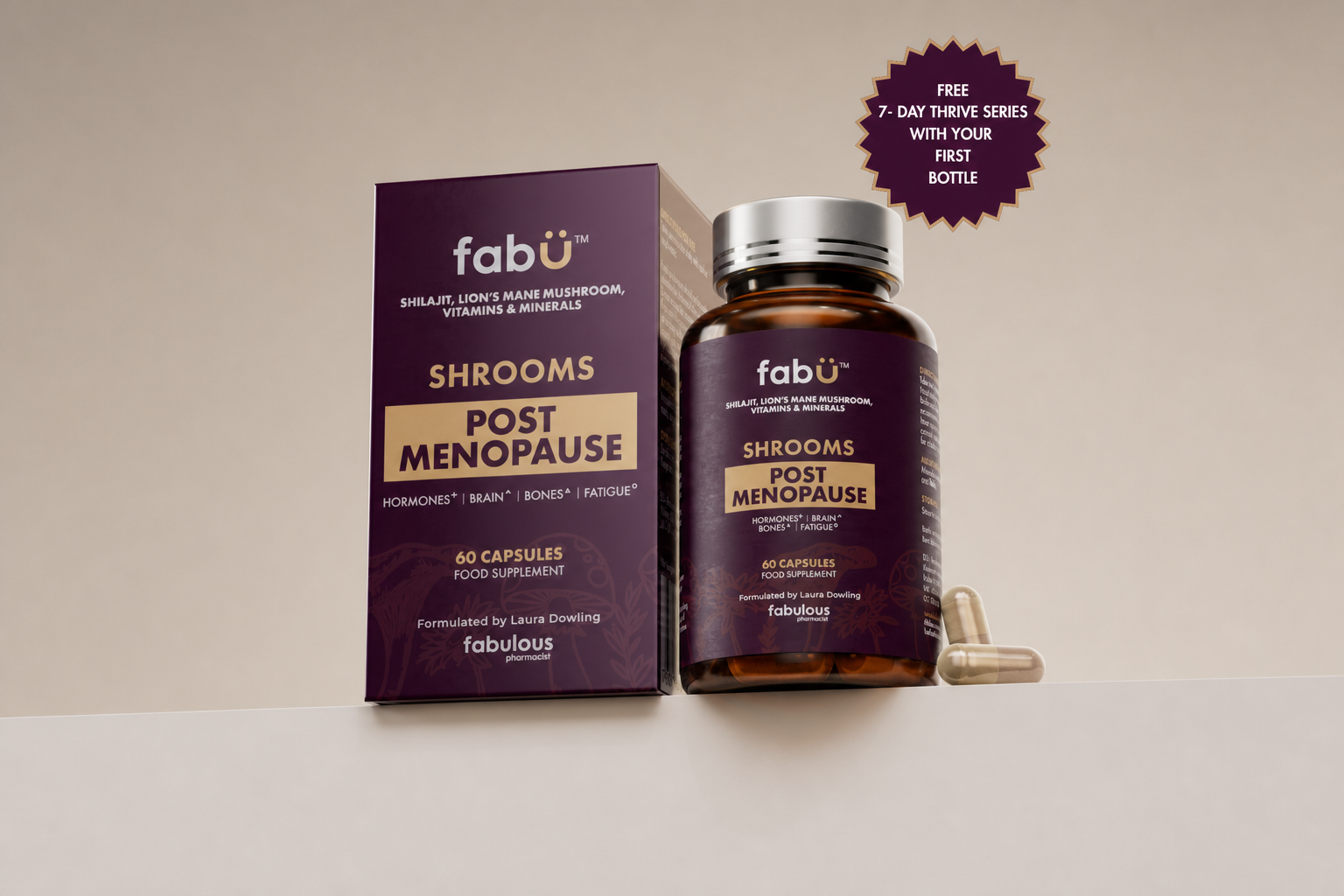 fabÜ SHROOMS POST MENOPAUSE box and bottle — Lion’s Mane, Shilajit, vitamins & minerals